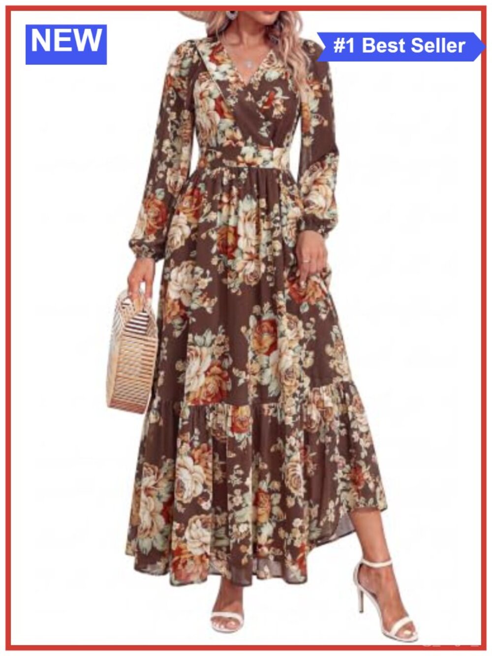 Women's Long Sleeve Wrap V Neck Floral Belted Boho Maxi Dress Chiffon